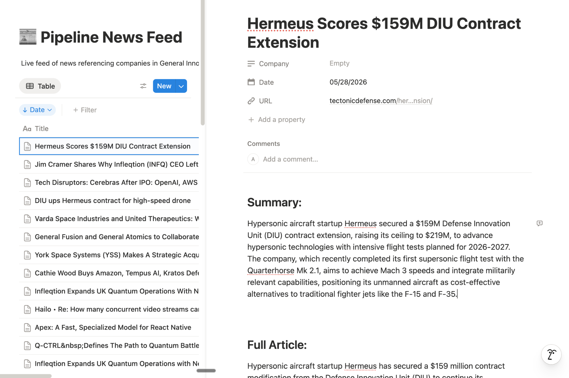 Pipeline News Feed Notion database showing a list of articles on the left and one selected article with title, company, date, URL, summary, and full article on the right.